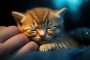 Cute little kitten sleeping on the hands of a man close up, The kitten sleeps in my palm, AI Generated photo