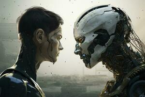 Two cyborgs face to face in front of a city background, The Interface of War A tense confrontation unfolds between a masked human and a powerful AI robot, symbolizing, AI Generated photo