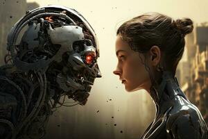 Side view of a female cyborg and a female robot in space, The Interface of War A tense confrontation unfolds between a masked human and a powerful AI robot, symbolizing the battle, AI Generated photo