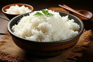 blanco cocido arroz en un marrón de madera cuenco en un de madera mesa. generado por artificial inteligencia foto