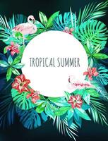 tropical summer background with flamingo, palm leaves and tropical flowers vector