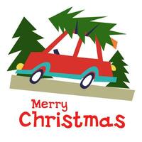 Car with a Christmas tree on the roof is on the road for Christmas and New Year. Postcard for printing on a holiday. Geometric vector illustration on a white, with Christmas trees. Children's topics