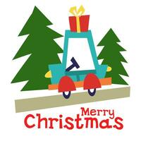 A car with a gift on the roof on the road for Christmas and New Year. A postcard for printing on a holiday. Geometric vector illustration on a white background with Christmas trees. Children's topics
