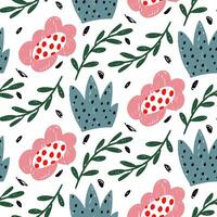 Colorful illustration of a seamless floral pattern. Background with floral doodles in children's style, funny with basic forms of nature. abstract forms of flowers, leaves, bushes. Hatching. pink vector