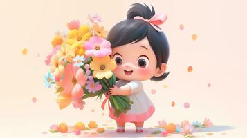 AI Generated Cute little girl holding a bouquet of flowers in Mothers Day. International Womens Day. St. Valentines day concept. Copy space photo