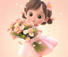 AI Generated Cute little girl holding a bouquet of flowers in Mothers Day. International Womens Day. St. Valentines day concept. Copy space photo