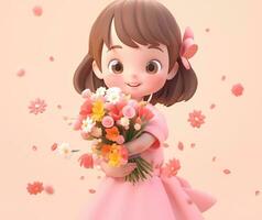 AI Generated Cute little girl holding a bouquet of flowers in Mothers Day. International Womens Day. St. Valentines day concept. Copy space photo