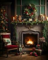 Christmas Decorated Fireplace AI Generative photo