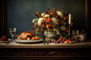 Thanksgiving Table Setting with Turkey AI Generative photo