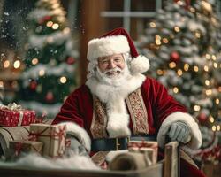 Portrait of happy Santa Claus sitting on sleigh with presents and looking at camera AI Generative photo