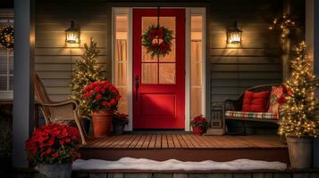 Illustration of a front porch decorated for Christmas and New Year AI Generative photo