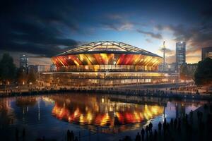 Large sports stadium in the city near the water. Dark sky with clouds over the stadium. Sports competition concept. Created by artificial intelligence photo