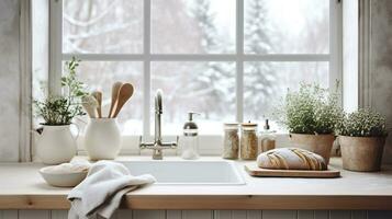 Country farmhouse kitchen countertop with kitchen utensils in front of the window AI Generative photo