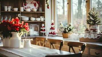 Beautiful Christmas and new year decorated kitchen with table and chairs AI Generative photo