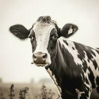 Black and white portrait of a cow in the meadow. Vintage style. AI Generative photo