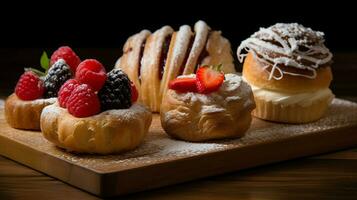 Fresco Pastelería en mesa ai generativo foto