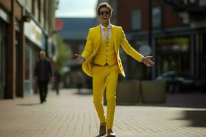 man with yellow suit walk joyful AI Generative photo