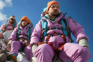 grupo de hombres vestir vistoso chaqueta y bolso a montaña ai generativo foto