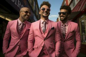 grupo de hombres caminar alrededor vistiendo rosado traje ai generativo foto