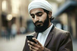 musulmán hombre y su teléfono ai generativo foto