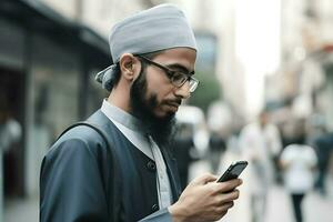 musulmán hombre y su teléfono ai generativo foto