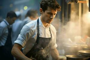 masculino cocinero Cocinando a restaurante ai generativo foto