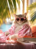 AI Generated Closeup portrait of cute cat sleeved on towel with sunglasses on photo of tropical garden.
