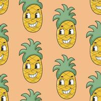 Groovy Summer Vector Print with Pineapples. 90s Fruit Funny Retro Groovy Pattern with Cartoon Hippie Character. Comic Character of Pineapple with a face. Sweet Juicy Fresh Fruits.