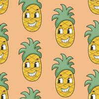 Groovy Summer Vector Print with Pineapples. 90s Fruit Funny Retro Groovy Pattern with Cartoon Hippie Character. Comic Character of Pineapple with a face. Sweet Juicy Fresh Fruits.