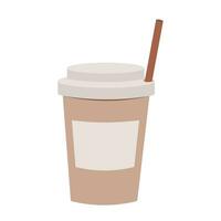 Isolated coffee cup paper container take away with drinking straw in cartoon style with empty sticker. mock up vector