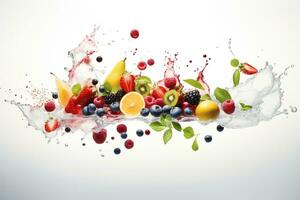 AI Generated fruits isolated on white with water splash photo