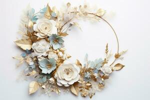 AI Generated flower wreath on white with copy space photo