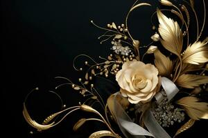 AI Generated luxury golden flowers on black photo