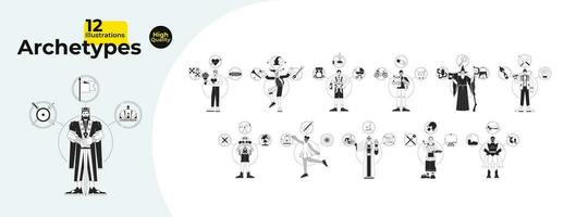 Archetypes psychology black and white 2D illustration concepts bundle. Archetypal cartoon outline characters isolated on white. Universal models multicultural people monochrome vector art collection