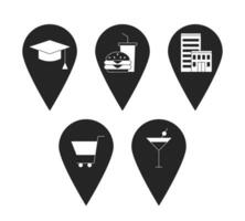 Map pinpoint locations black and white 2D line cartoon objects set. Education retail entertainment pins destinations isolated vector outline items collection. Monochromatic flat spot illustrations