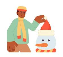 African american man decorating snowman Christmas 2D cartoon character. Black male holding santa hat isolated vector person white background. Xmas eve seasonal preparation color flat spot illustration