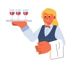 Caucasian young adult woman wine server 2D cartoon character. European waitress serving tray isolated vector person white background. Hostess friendly with wine glasses color flat spot illustration