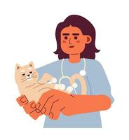 Stethoscope veterinarian female arab 2D cartoon character. Middle eastern vet young woman cuddling cat isolated vector person white background. Animal checkup appointment color flat spot illustration