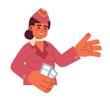 Airline flight attendant female indian 2D cartoon character. Holding boarding passes stewardess beautiful isolated vector person white background. South asian lady worker color flat spot illustration