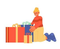 caucásico dama embalaje regalos para Navidad 2d dibujos animados personaje. europeo mujer poniendo juntos cajas de regalo aislado vector persona blanco antecedentes. Navidad tradicion color plano Mancha ilustración