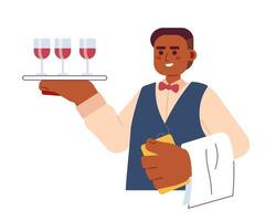 Wine steward african american male 2D cartoon character. Sommelier man black isolated vector person white background. Wineglasses tray holding bartender occupation color flat spot illustration