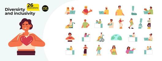 Diversity inclusivity people cartoon flat illustration bundle. Diverse employee laptop 2D characters isolated on white background. Office workers disabilities vector color image collection