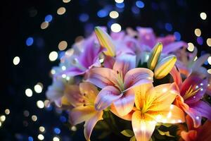 AI Generated Flower Background with Bokeh Lights and Copy Space photo