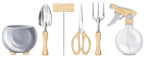 A set of garden tools rake, shovel, scissors, spray gun, pot and index plate. Equipment of florist and an agronomist for cultivating the land, farm, plant and flower. Digital isolated illustration png