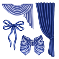 A set of draped objects made of blue shiny fabric. Home curtains and drapes, silk ribbons and bows. Interior decorations, for windows, theatrical costumes and halls. Isolated digital illustration png