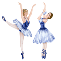 A set of dancing ballerinas in an elegant blue tutu and pointe shoes. Performance of costumed artists. A performance in the theater, a rehearsal in a dance class. Isolated digital illustration png