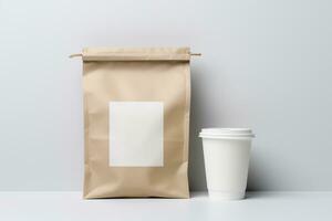 AI Generated paper bag with Plastic Cup on gray photo