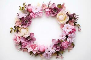 AI Generated flower wreath on white with copy space photo