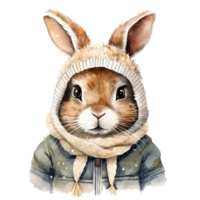 Rabbit Wearing Winter Clothes For Christmas Event. Watercolor Style. AI Generated png