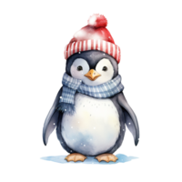 Penguin Wearing Winter Clothes For Christmas Event. Watercolor Style. AI Generated png